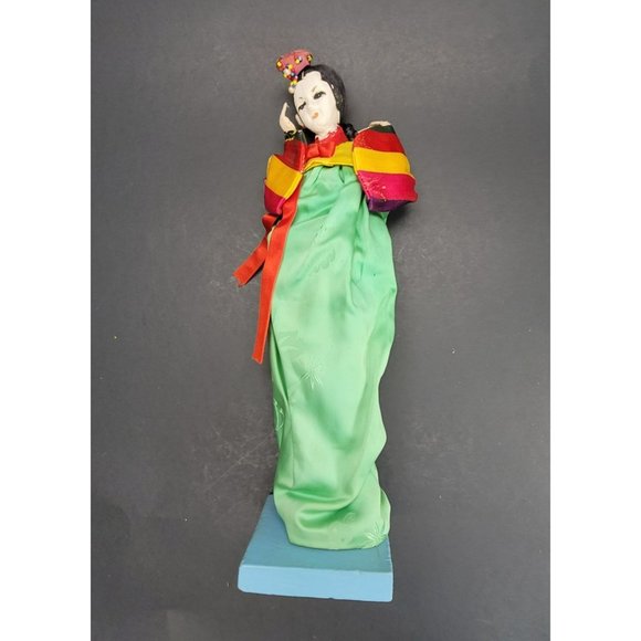 Vintage Korean Cultural Fabric Doll on Wooden Base 12" Tall Cr175 - Picture 2 of 6